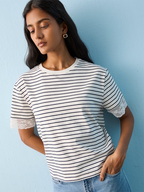 LOV by Westside White Striped Cotton-Blend T-Shirt-picture-36