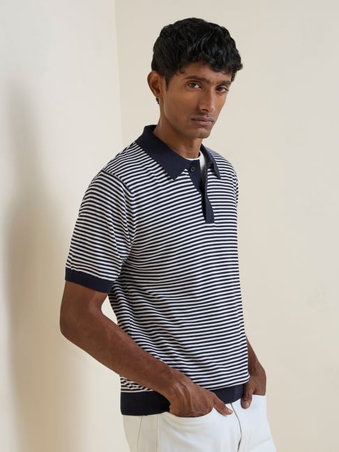 Ascot by Westside Navy Striped Relaxed-Fit Cotton Polo T-Shirt-picture-44