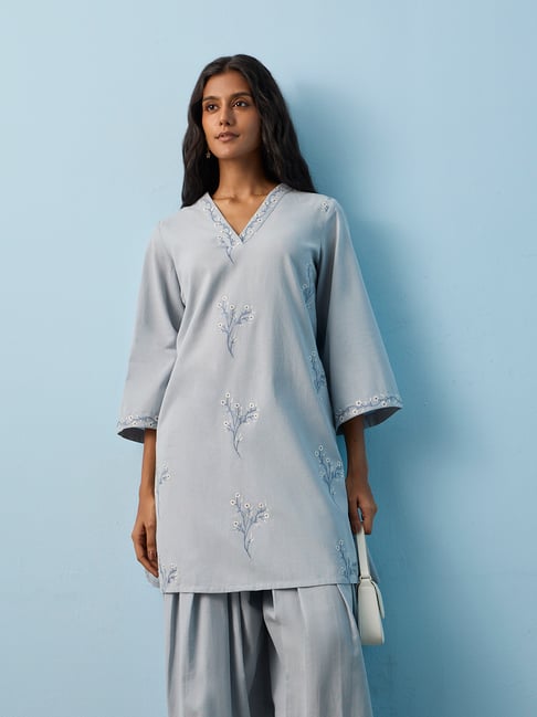 Utsa by Westside Light Blue Floral Detail Cotton-Blend Kurti-picture-26