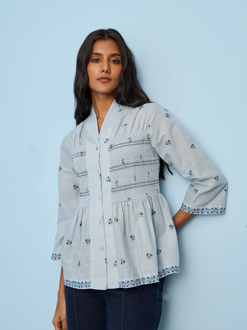 Utsa by Westside Light Blue Floral Embroidered Cotton Tunic-picture-25