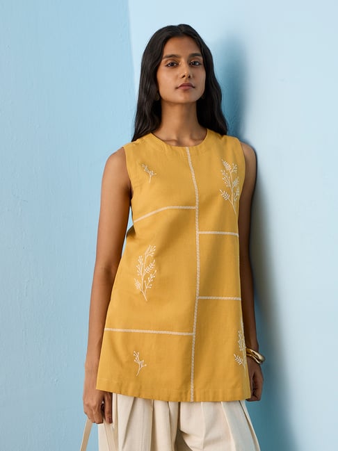Utsa by Westside Mustard Floral Embroidered Cotton-Blend Straight Kurti-picture-36