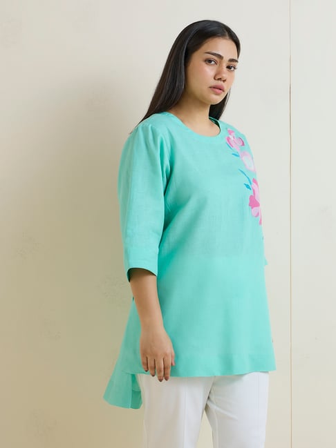 Diza by Westside Turquoise Floral Embroidered High-Low Linen-Blend Kurti-picture-23