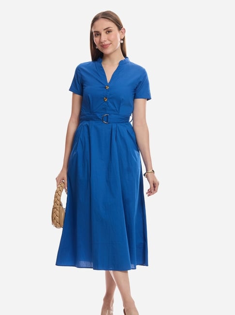 Virgio Womens Blue Flared Fit Solid Midi Dress-image-30