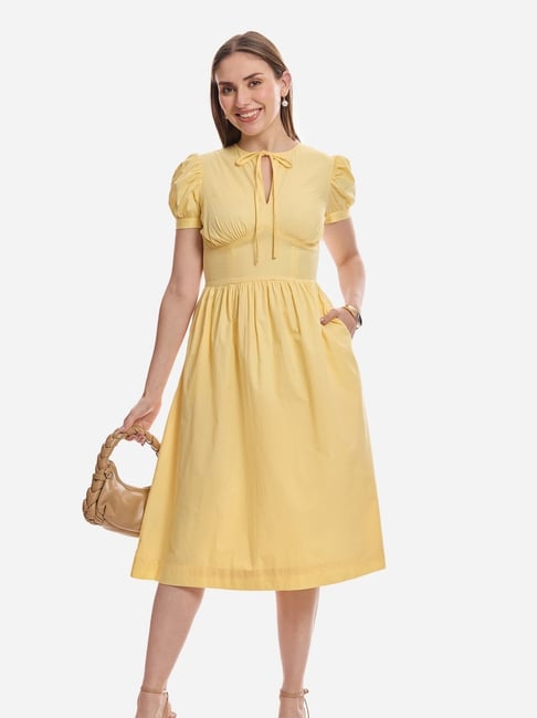 Virgio Womens Yellow Flared Fit Solid Midi Dress-image-34