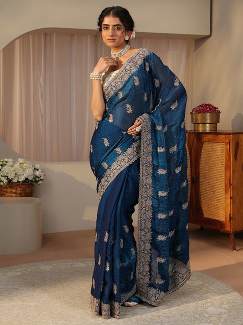 Libas Womens Blue Regular Fit Floral Tissue Saree With Unstitched Blouse-picture-34