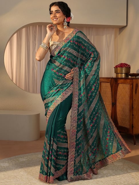 Libas Womens Green Regular Fit Floral Tissue Saree With Unstitched Blouse-picture-24