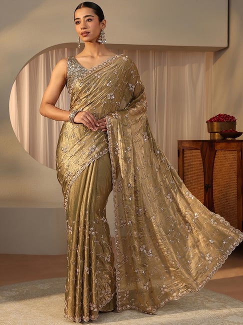 Libas Art Womens Green Regular Fit Floral Tissue Saree With Unstitched Blouse-picture-39