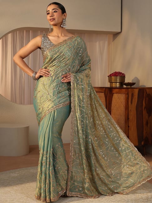 Libas Art Womens Green Regular Fit Floral Tissue Saree With Unstitched Blouse-picture-37