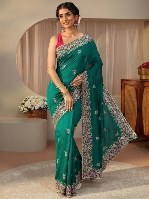 Libas Womens Green Regular Fit Floral Silk Blend Saree With Unstitched Blouse-picture-44