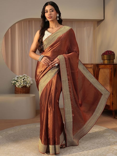 Libas Womens Brown Regular Fit Solid Tissue Saree With Unstitched Blouse-image-20