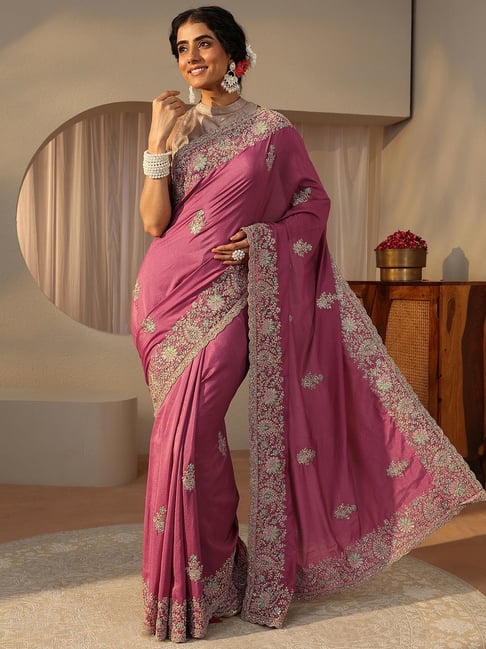 Libas Womens Pink Regular Fit Floral Satin Saree With Unstitched Blouse-image-35