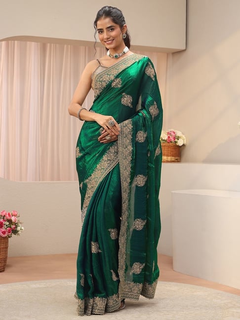 Libas Womens Green Regular Fit Floral Tissue Saree With Unstitched Blouse-picture-21