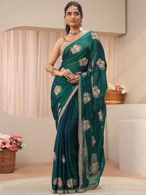 Libas Womens Green Regular Fit Floral Tissue Saree With Unstitched Blouse-picture-23