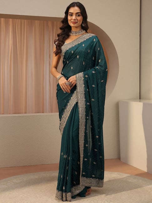 Libas Womens Teal Regular Fit Ethnic Motifs Tissue Saree With Unstitched Blouse-picture-40