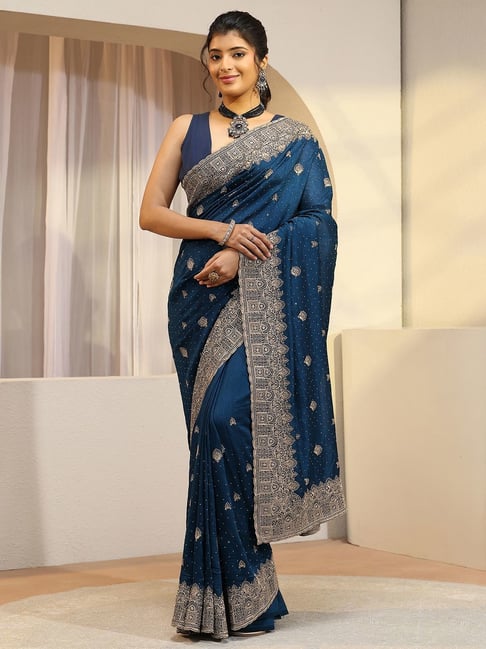 Libas Womens Blue Regular Fit Ethnic Motifs Tissue Saree With Unstitched Blouse-picture-37