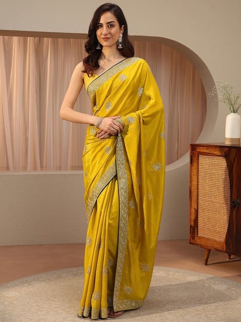 Libas Womens Mustard Regular Fit Floral Silk Blend Saree With Unstitched Blouse-picture-18