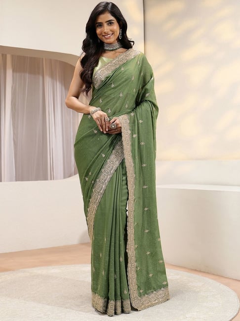 Libas Womens Green Regular Fit Ethnic Motifs Tissue Saree With Unstitched Blouse-picture-19