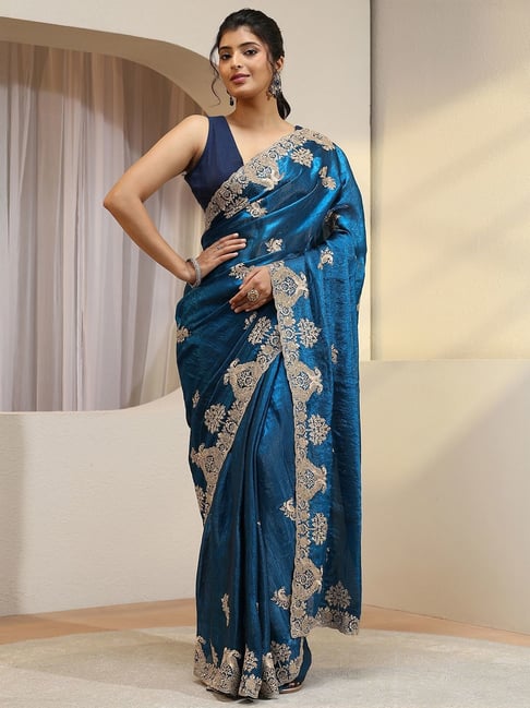Libas Womens Blue Regular Fit Floral Tissue Saree With Unstitched Blouse-picture-13