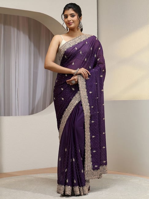 Libas Womens Purple Regular Fit Ethnic Motifs Tissue Saree With Unstitched Blouse-picture-43