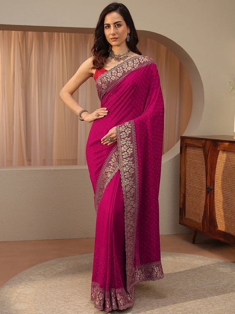 Libas Womens Pink Regular Fit Floral Silk Blend Saree With Unstitched Blouse-picture-25