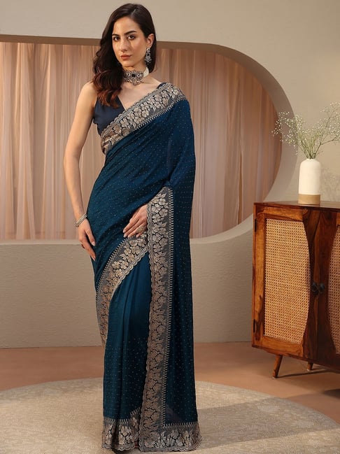 Libas Womens Blue Regular Fit Floral Silk Blend Saree With Unstitched Blouse-picture-27