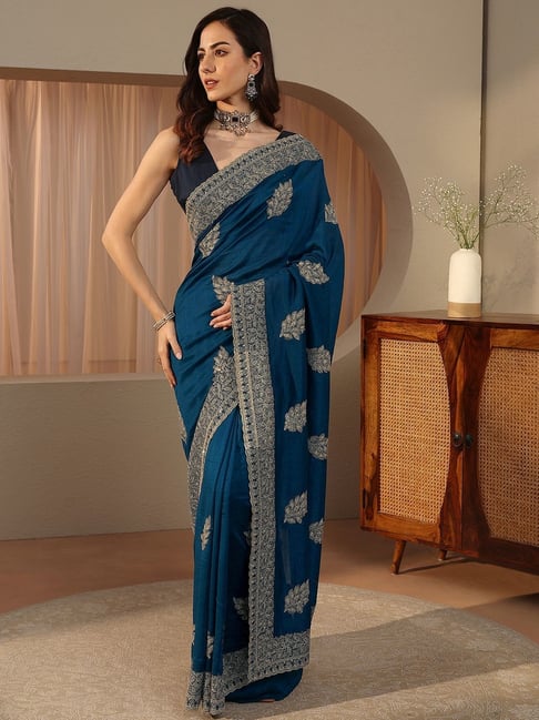 Libas Womens Blue Regular Fit Floral Silk Blend Saree With Unstitched Blouse-picture-23