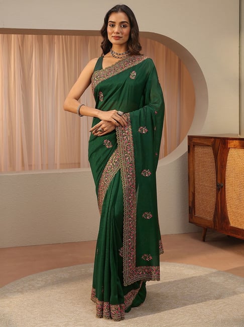 Libas Womens Green Regular Fit Floral Silk Blend Saree With Unstitched Blouse-picture-26