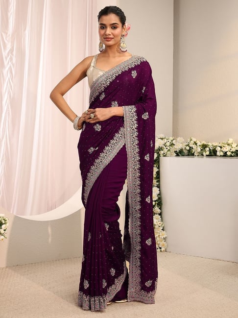 Libas Womens Burgundy Regular Fit Floral Silk Blend Saree With Unstitched Blouse-image-34