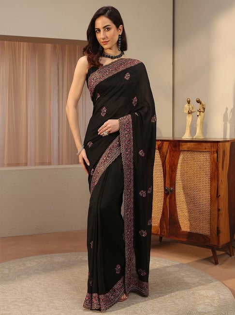 Libas Womens Black Regular Fit Floral Silk Blend Saree With Unstitched Blouse-image-27