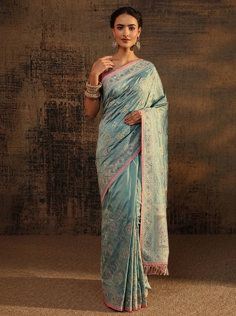 Libas Womens Blue Regular Fit Ethnic Motifs Silk Blend Saree With Unstitched Blouse-picture-30