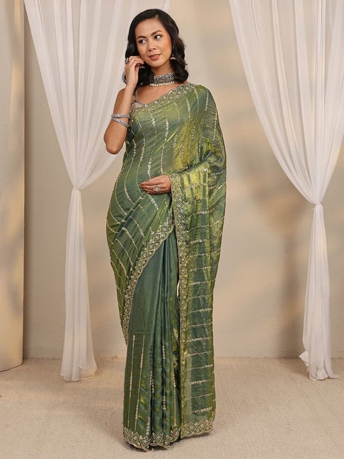 Libas Womens Green Regular Fit Embellished Tissue Saree With Unstitched Blouse-image-37