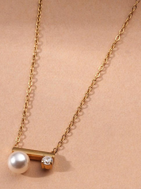 Palmonas Gold-Tone Plated White Double Pearl Bar Necklace for Women-picture-10