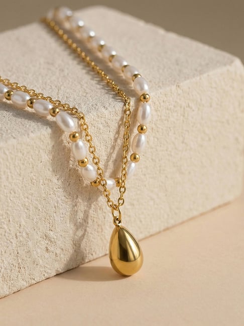 Palmonas Gold-Tone Plated White Mini Drop Pearl Layer Necklace for Women-picture-14