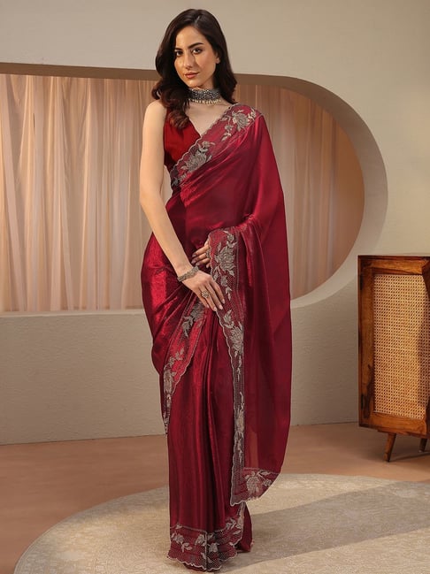 Libas Art Womens Maroon Regular Fit Floral Tissue Saree With Unstitched Blouse-picture-23