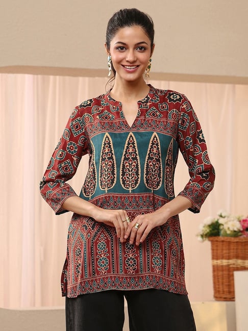 Libas Womens Maroon Straight Fit Ethnic Motifs Silk Blend Kurti-picture-11