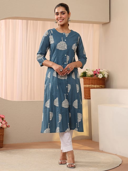 Libas Womens Blue A-line Fit Ethnic Motifs Cotton Kurta-picture-28