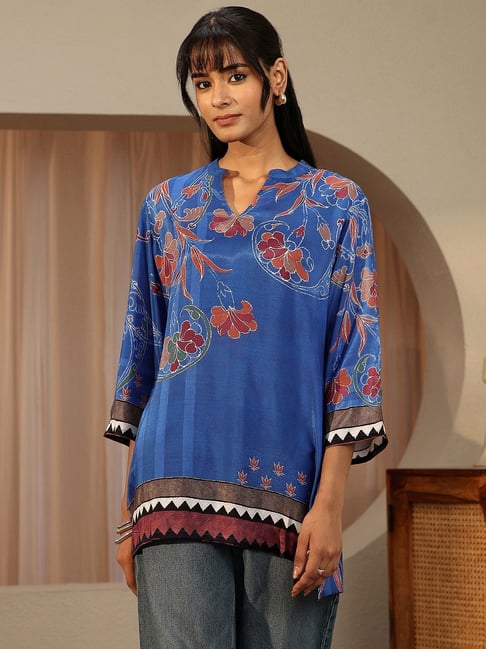 Libas Womens Blue Flared Fit Floral Silk Blend Kurti-picture-20