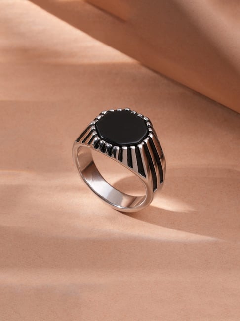 Palmonas Silver Black Onyx Bastion Textured Ring for Men-picture-11