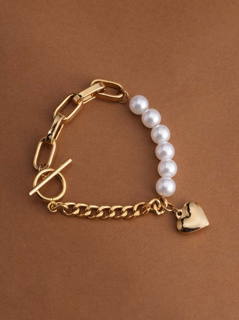 Palmonas Gold-Tone Plated Pearl & Chain Link Heart Bracelet for Women-picture-13