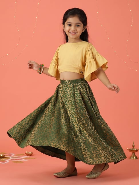 Kiddopanti Girls Golden & Green Regular Fit Printed Rayon Lehenga Set-picture-40