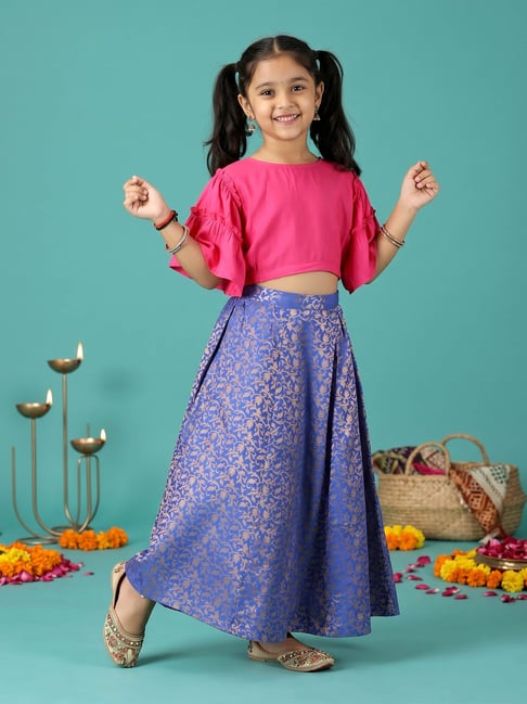 Kiddopanti Girls Fushia Royal Blue Regular Fit Printed Rayon Lehenga Choli-picture-25
