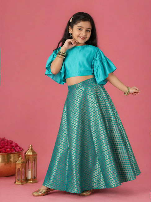Kiddopanti Girls Turquoise & Green Regular Printed Rayon Lehenga Choli-picture-16