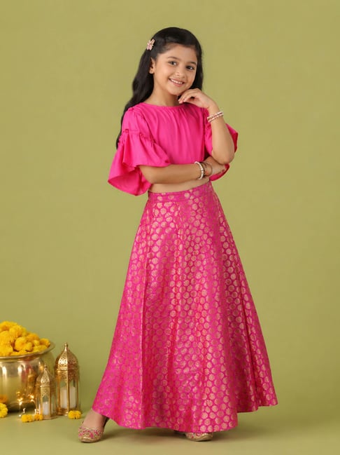Kiddopanti Girls Fushia Regular Fit Printed Rayon Lehenga Choli Set-picture-13