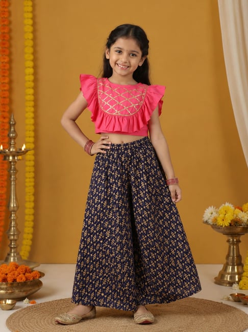 Kiddopanti Girls Fuchsia & Navy Regular Fit Printed Rayon Lehenga Set-picture-29