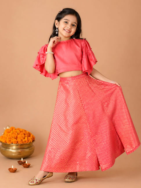 Kiddopanti Girls Coral Regular Fit Printed Rayon Choli Lehenga Set-picture-12