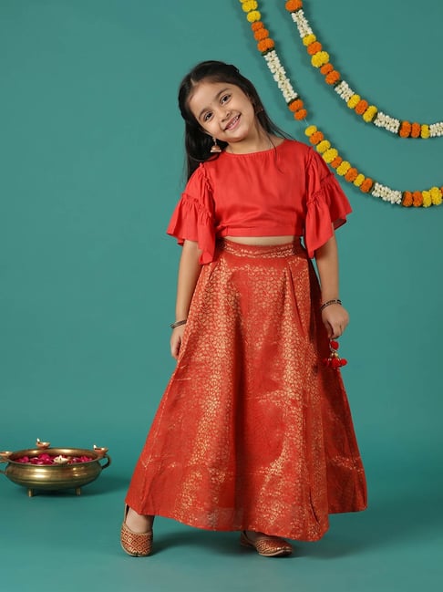 Kiddopanti Girls Red Regular Printed Rayon Lehenga Choli Set-picture-35