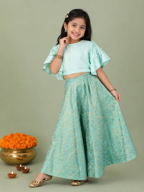 Kiddopanti Girls Pista Green Regular Printed Rayon Lehenga Set-picture-14