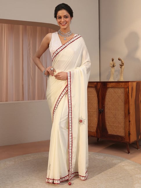 Libas Womens Cream Regular Fit Solid Chiffon Saree With Unstitched Blouse-picture-10