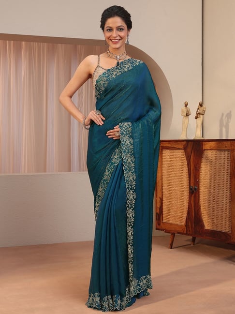 Libas Womens Blue Regular Fit Solid Tissue Saree With Unstitched Blouse-picture-36