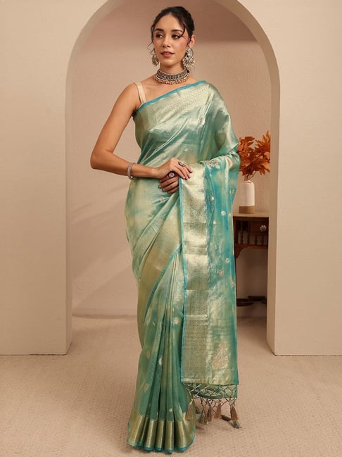 Libas Womens Blue Regular Fit Floral Silk Blend Saree With Unstitched Blouse-picture-22